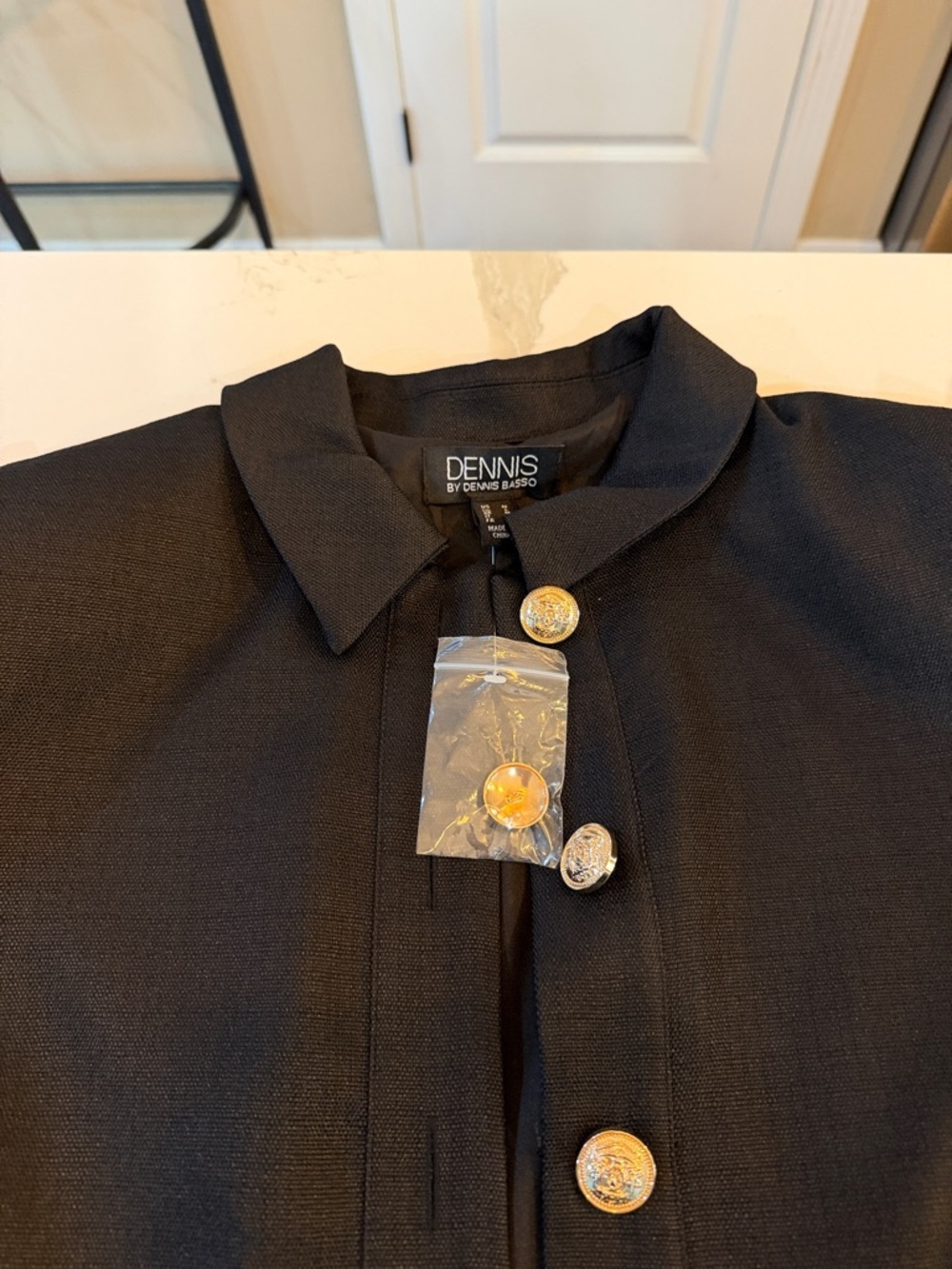 dennis basso Black Textured Collar Jacket with Label Detail